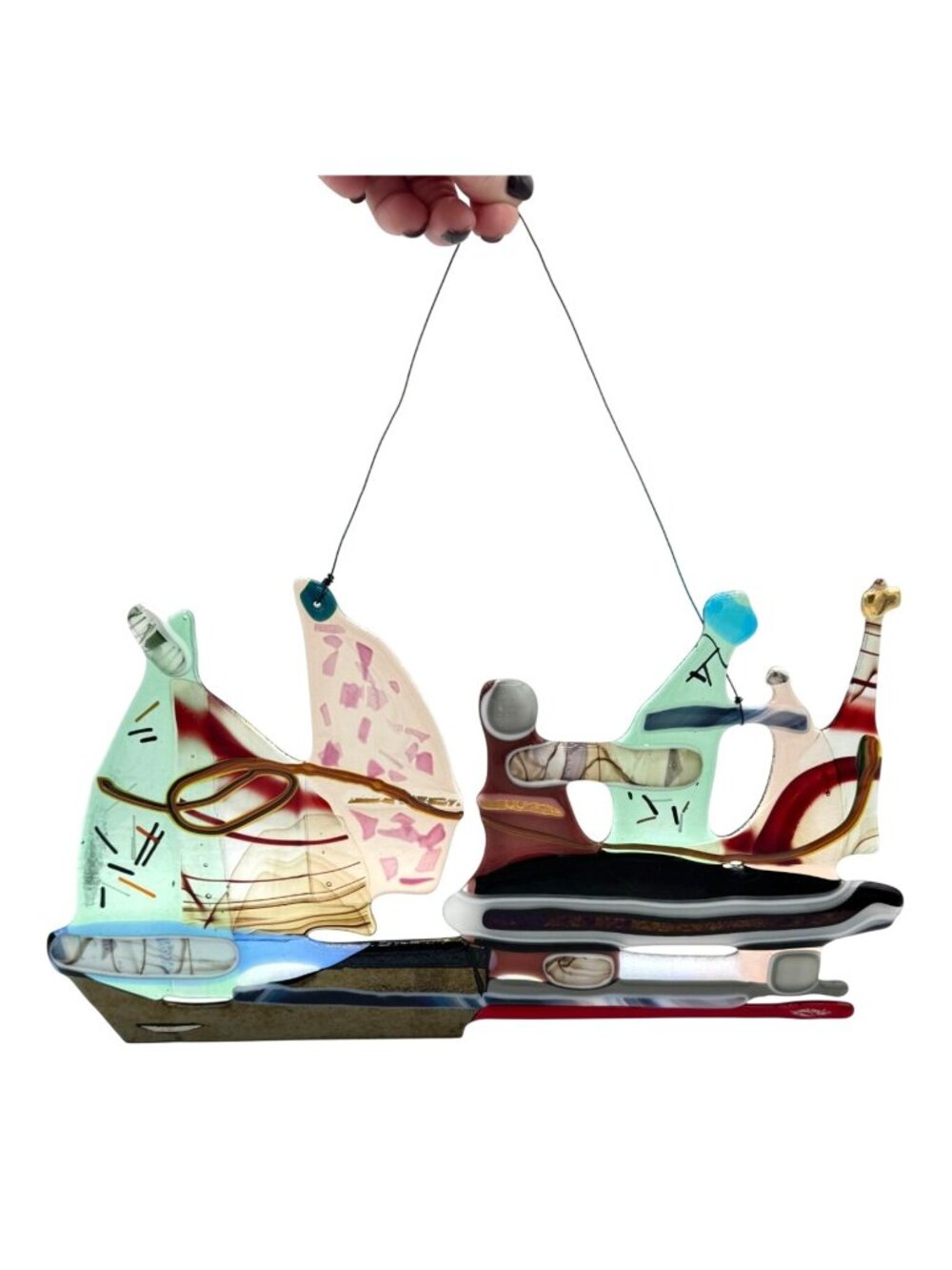 OOAK Fused Art Glass By LRRR Designs Sailboat Series Family Pulling a Boat